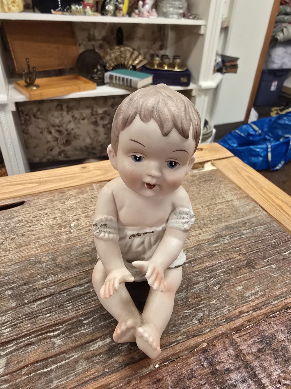 Antique Porcelain Sitting Baby Figurine - Cream & Taupe